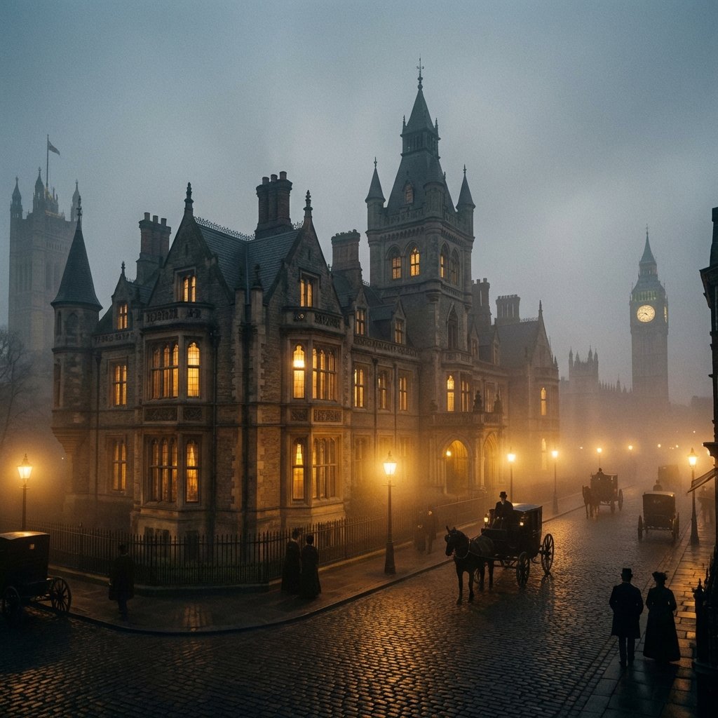 Victorian London mansion at dusk